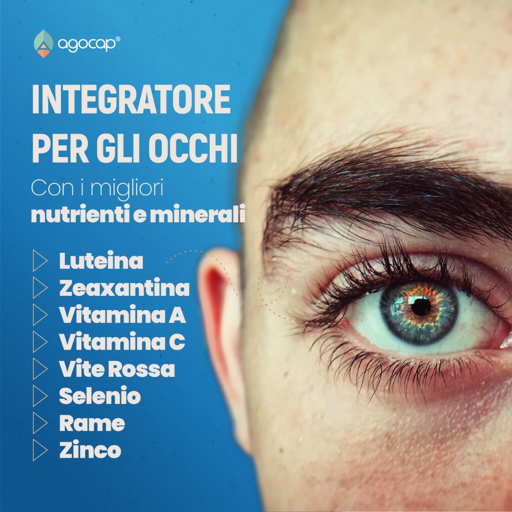 Occhio con testo: Integratore per gli occhi. Luteina, Zeaxantina, Vitamina A, C, Vite Rossa, Selenio, Rame, Zinco.