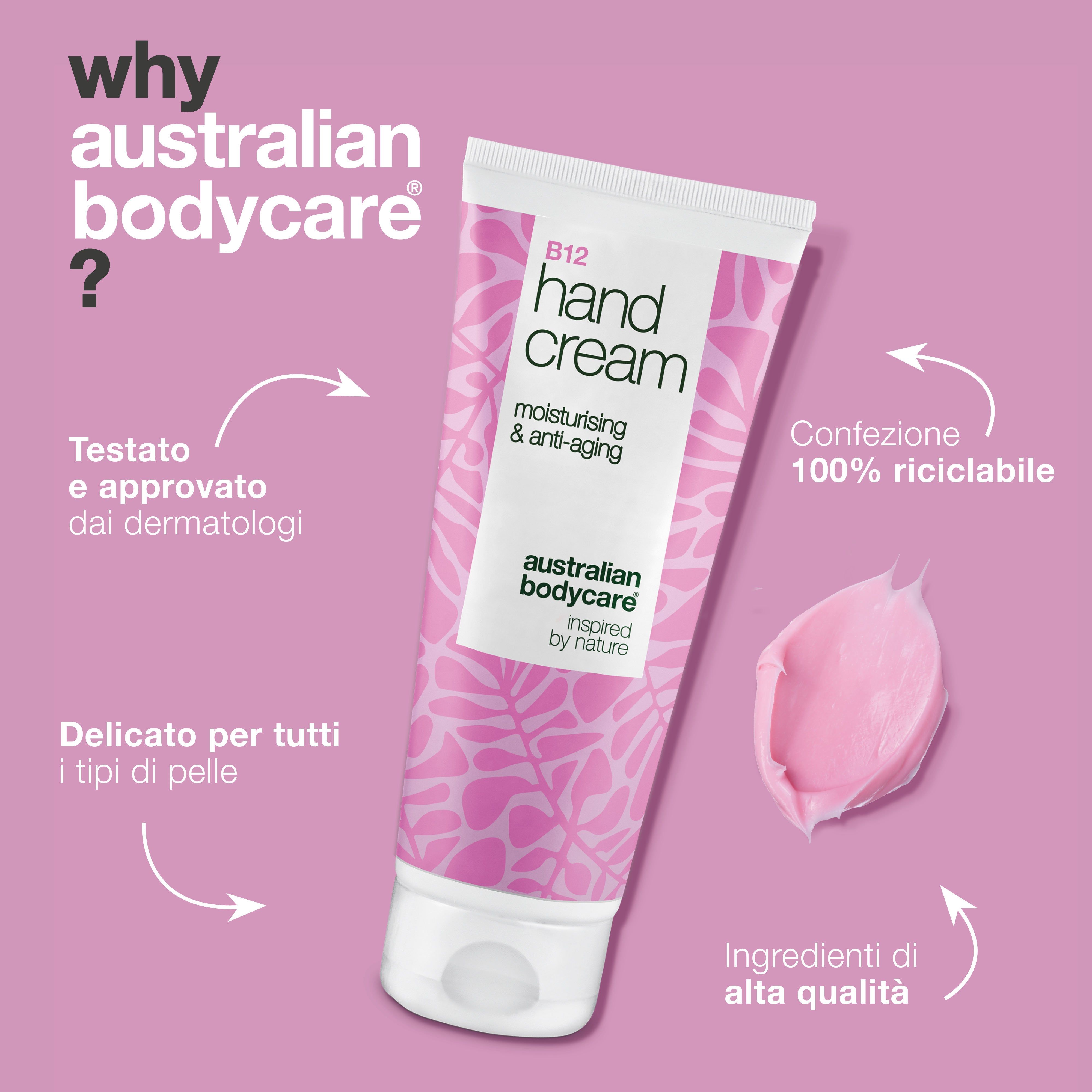 Crema mani B12, idratante e anti-età. Design rosa con foglie. Marchio: Australian Bodycare. Testo: Perché Australian Bodycare?