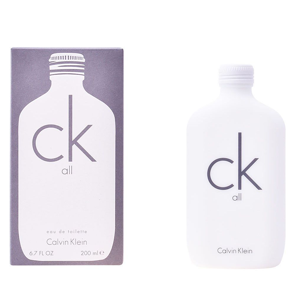 Flacone e scatola di profumo bianchi. Scritta "ck all" e "Calvin Klein". Flacone con tappo a vite.