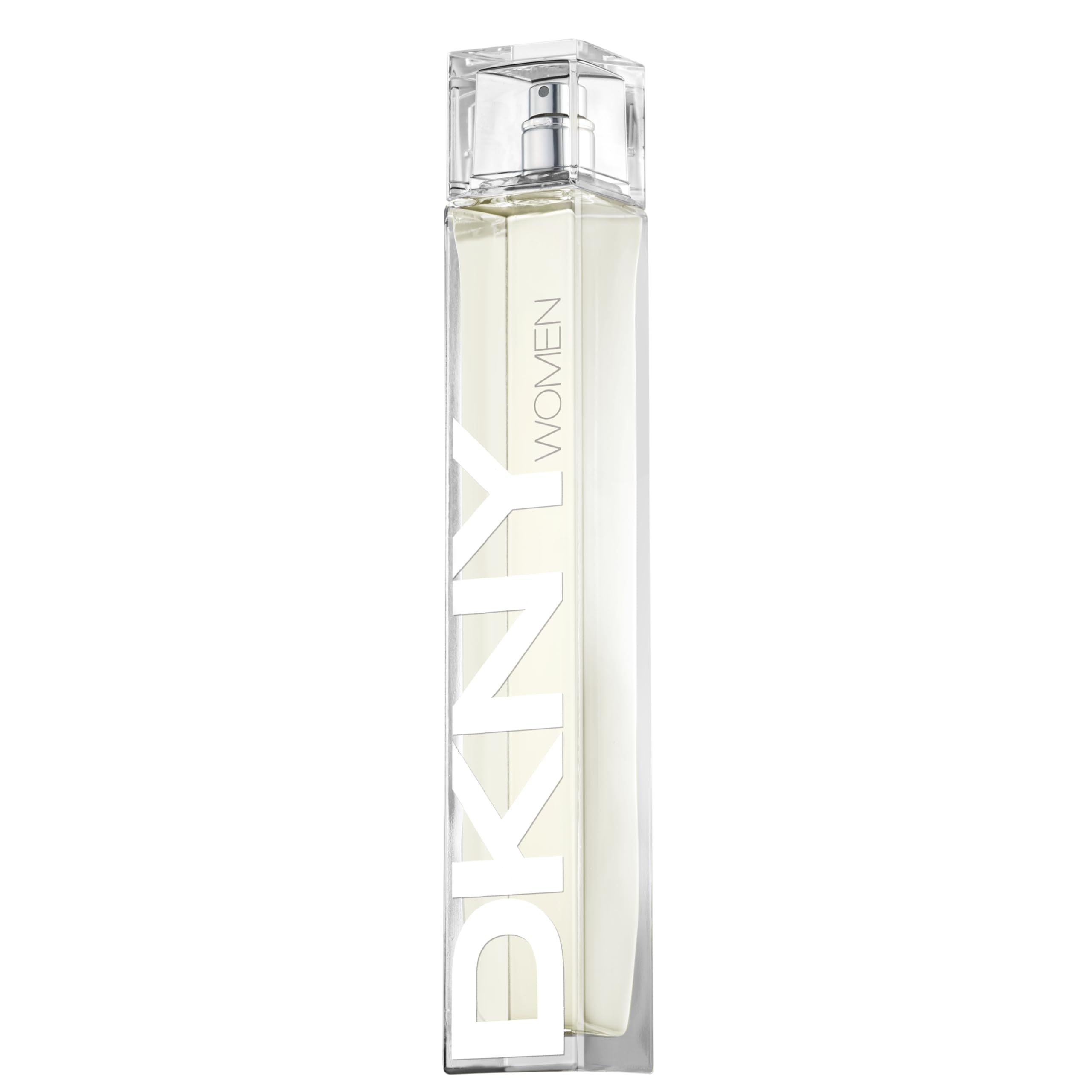 Flacone con vaporizzatore. Scritta DKNY WOMEN. Flacone trasparente con liquido giallastro.