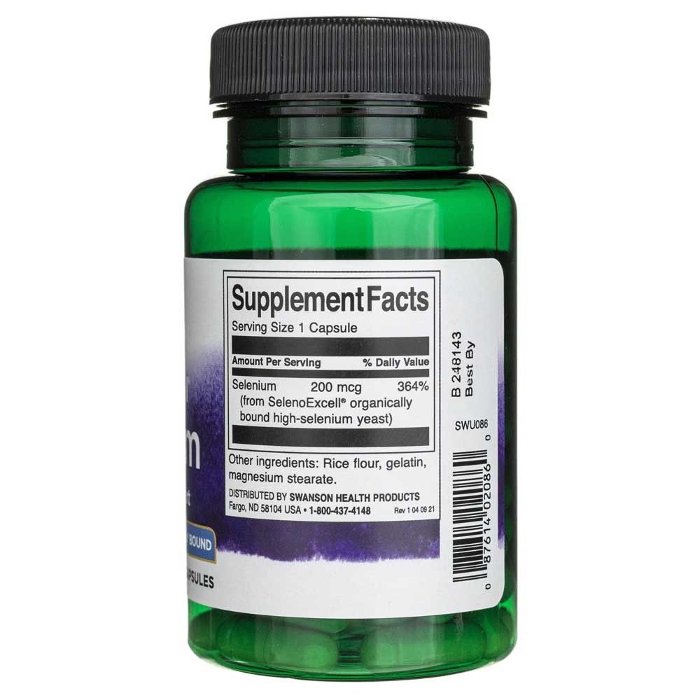 Retro di una capsula verde con etichetta 'Supplement Facts' che indica Selenio 200 mcg.