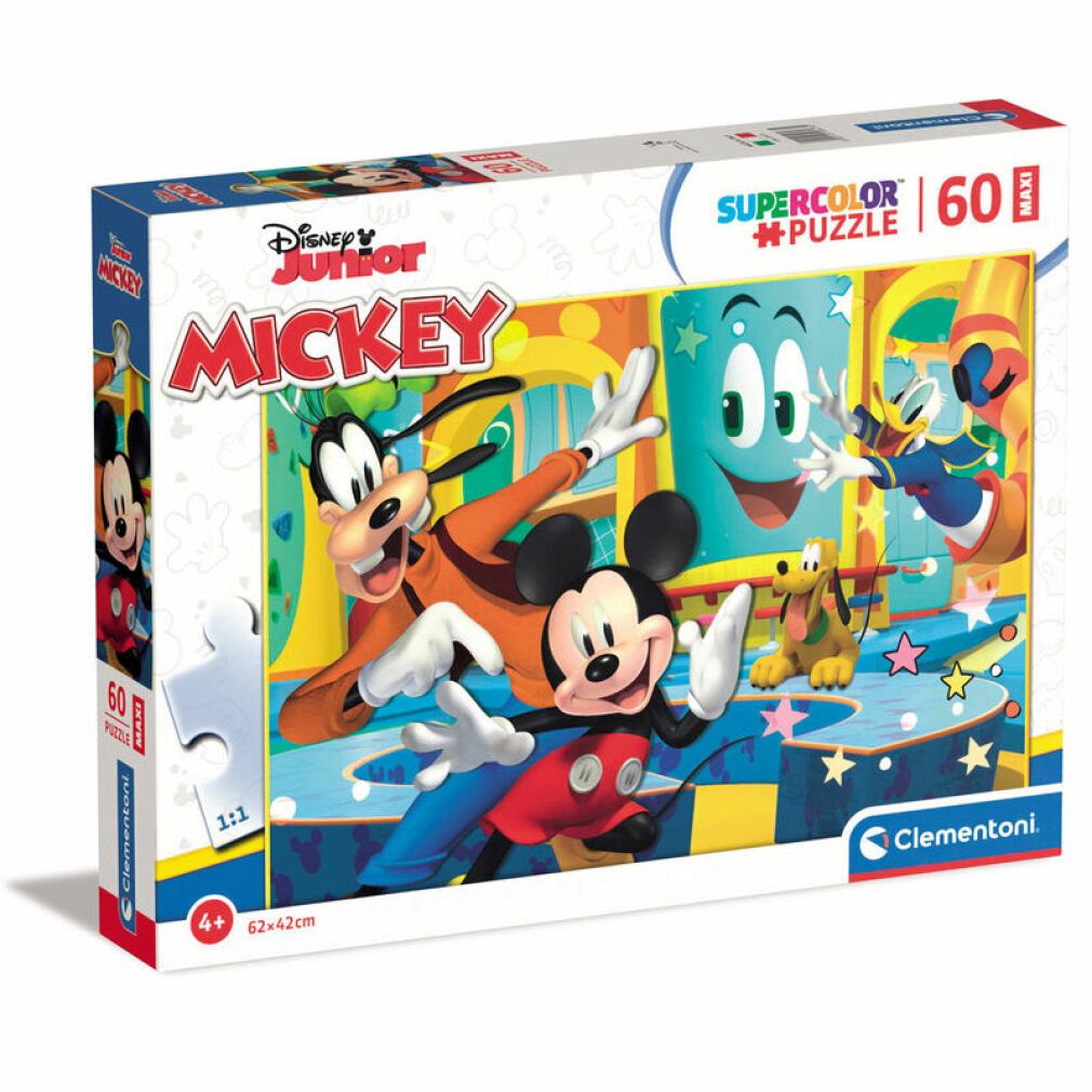 Scatola puzzle con motivo Mickey Mouse. 60 pezzi, formato maxi. Marchio Clementoni. Un pezzo di puzzle rimosso.