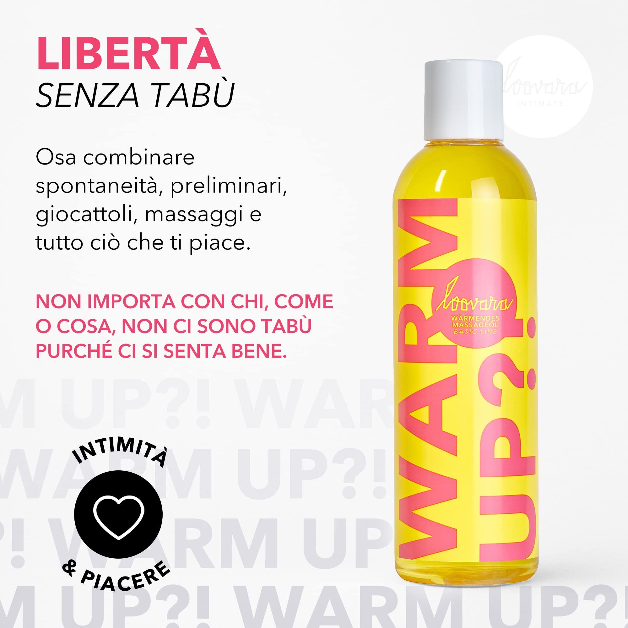 Flacone di olio da massaggio riscaldante Loovara Warm Up?! Intimate su sfondo giallo. Testo 'Libertà senza tabù'.