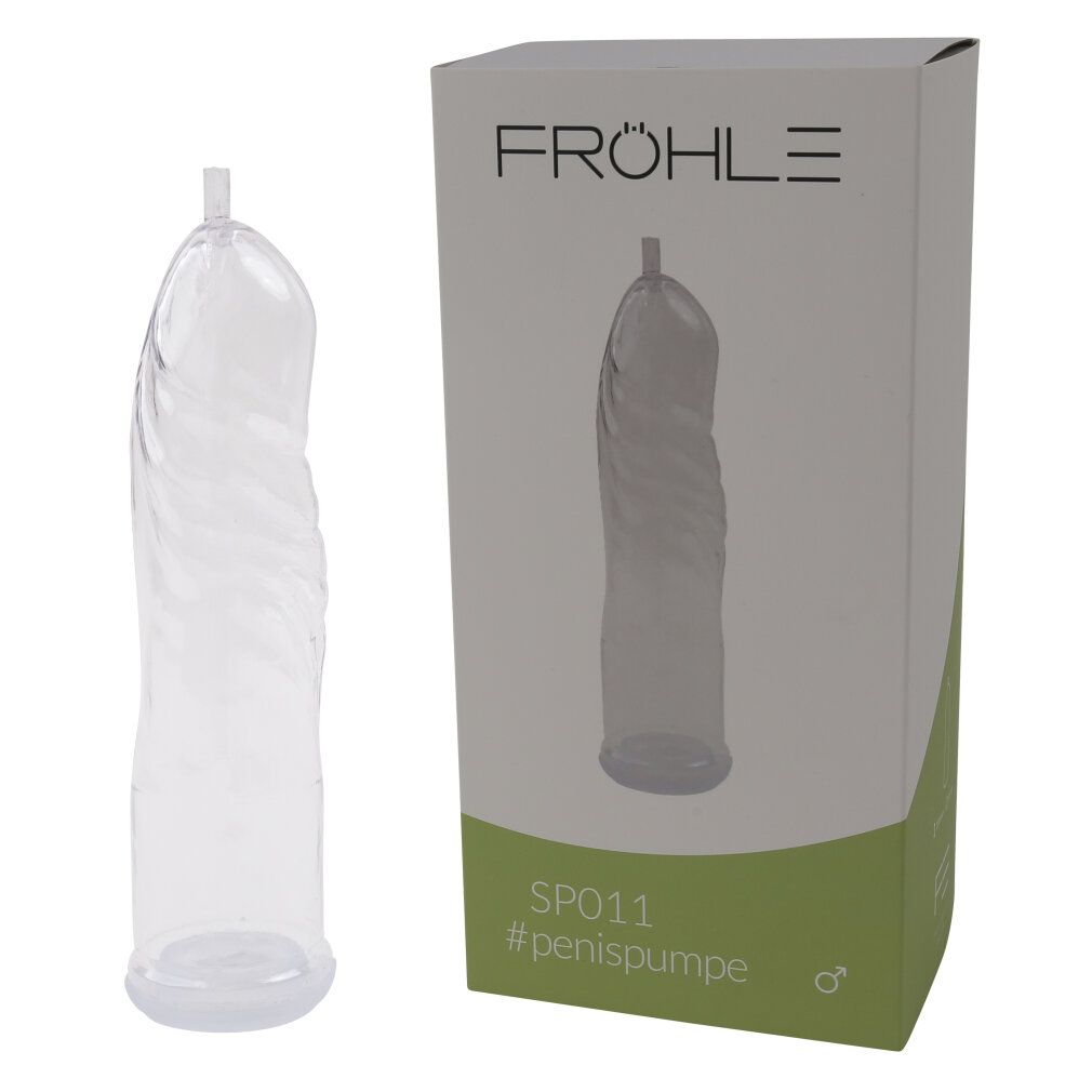 Cilindro Fröhle SP011 per pompa del pene, trasparente, a spirale, accanto alla confezione.