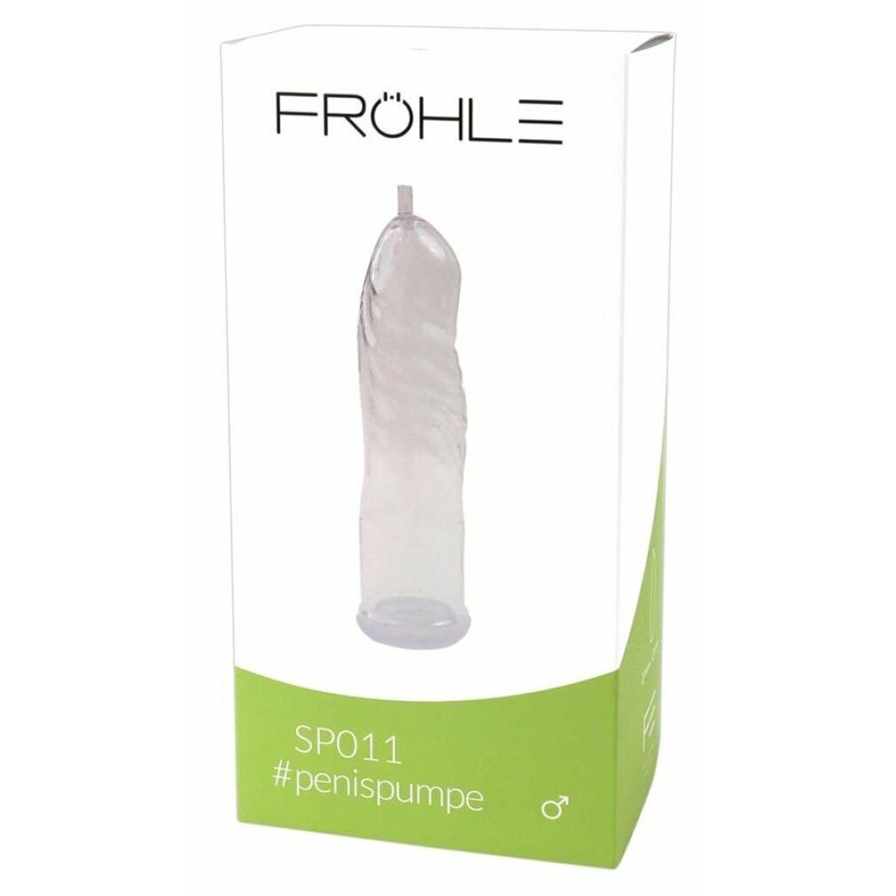 Confezione prodotto con cilindro trasparente. Marchio FRÖHLE, modello SP011, hashtag #penispumpe, accento verde.