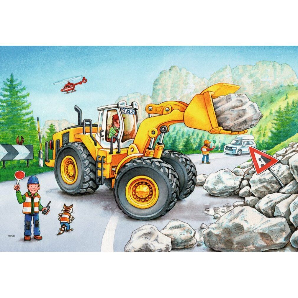 Puzzle con escavatore giallo su strada, pietre e persone. Paesaggio con elicottero e segnali stradali. Puzzle Ravensburger.