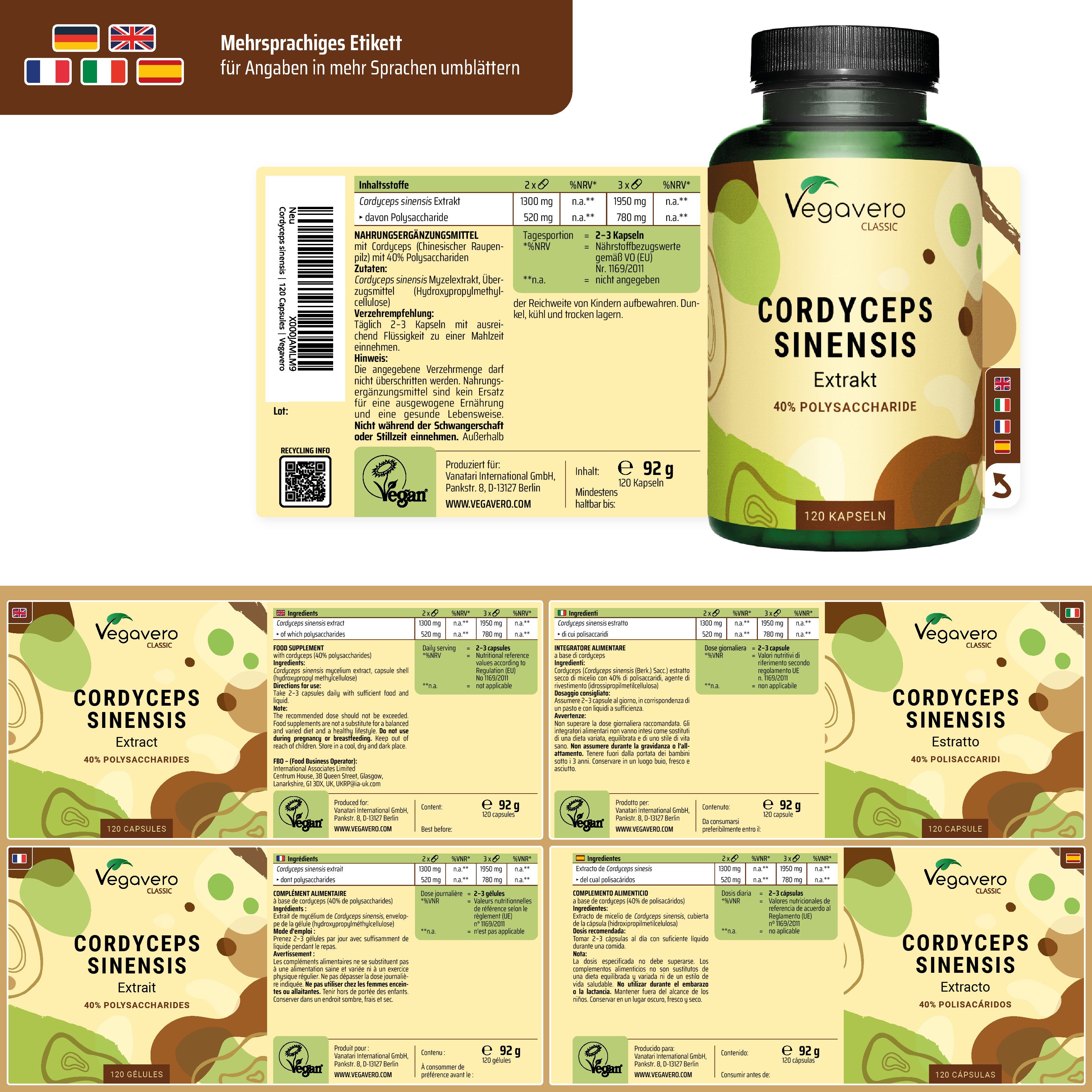 Etichetta multilingue con informazioni. Bottiglia di Cordyceps Sinensis Extrakt, 40% polisaccaridi, 120 capsule. Vegavaro Classic.