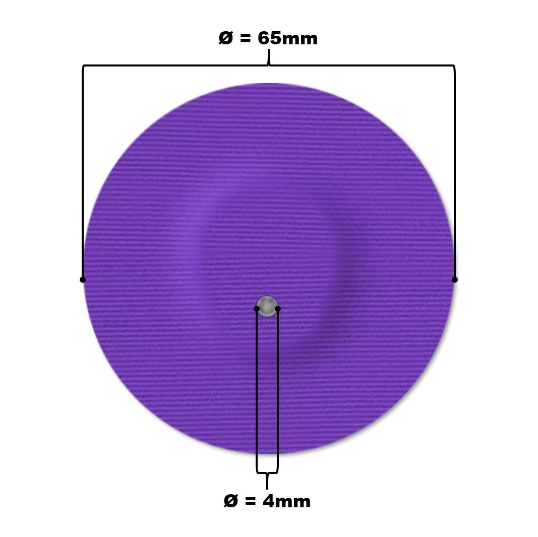 Cerotto viola, rotondo, con punto centrale. Diametro 65mm, punto 4mm. Su sfondo bianco.