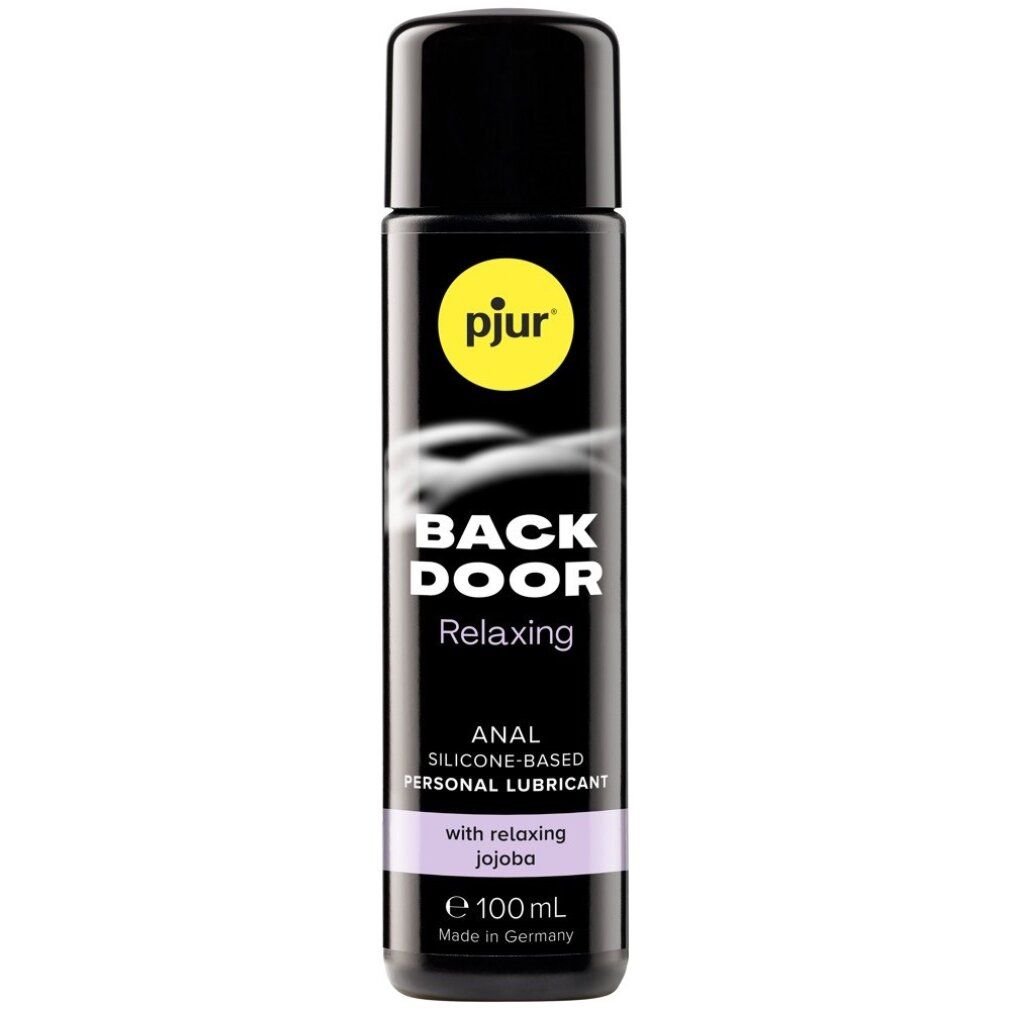Flacone nero con logo giallo. Scritta: BACK DOOR Relaxing, ANAL, SILICONE-BASED, PERSONAL LUBRICANT. Con jojoba.