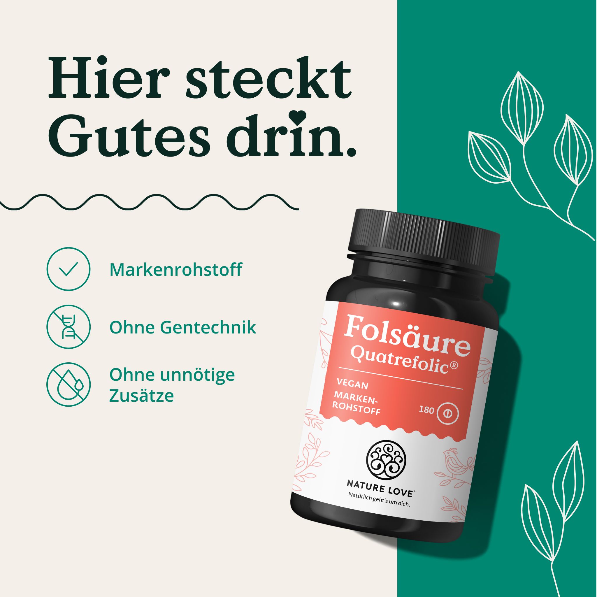 Flacone di acido folico Quatrefolic. "Materia prima di marca, Senza OGM, Senza additivi inutili".