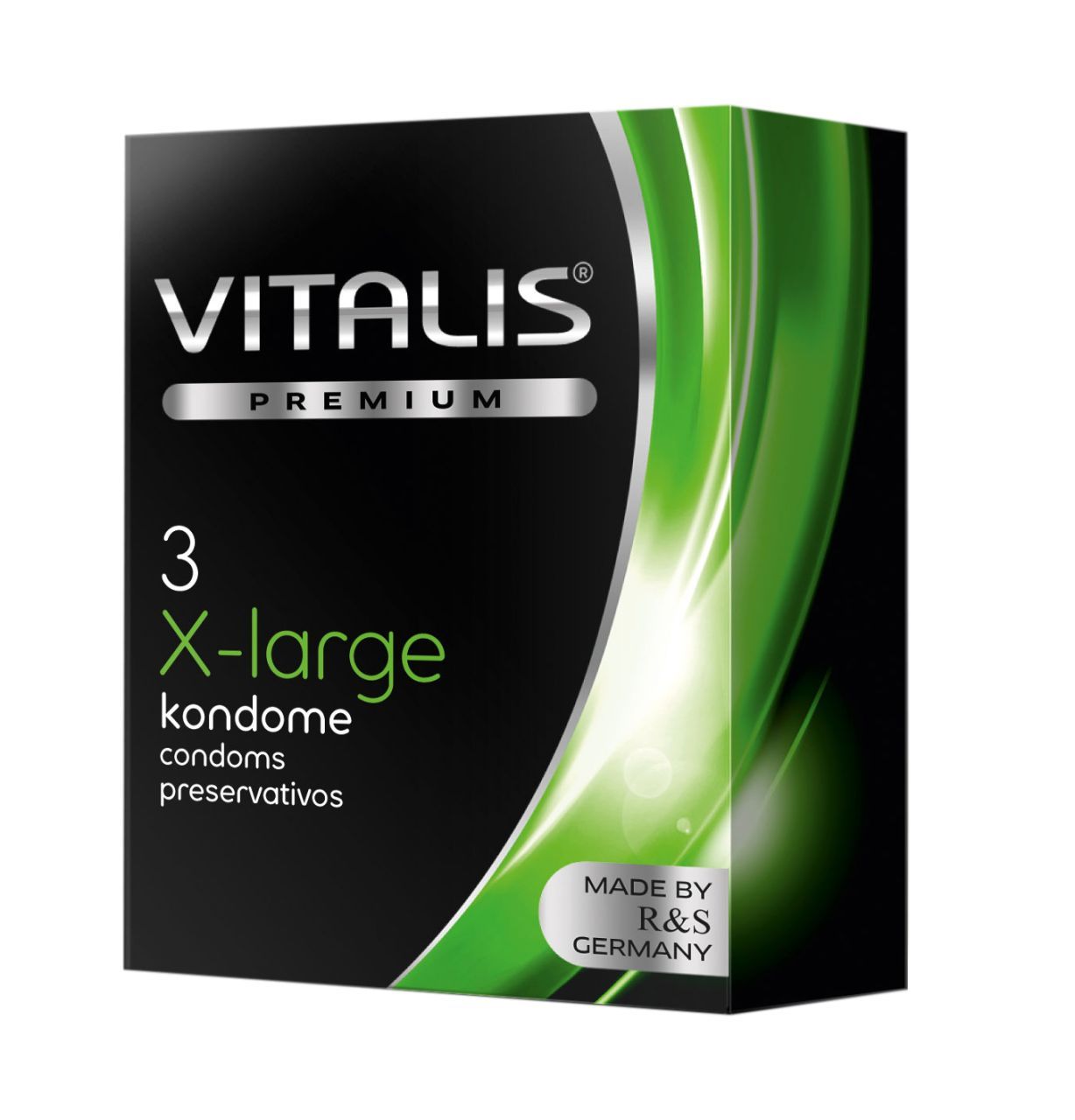 Confezione di preservativi Vitalis Premium X-Large, 3 pezzi, Made by R&S Germany.