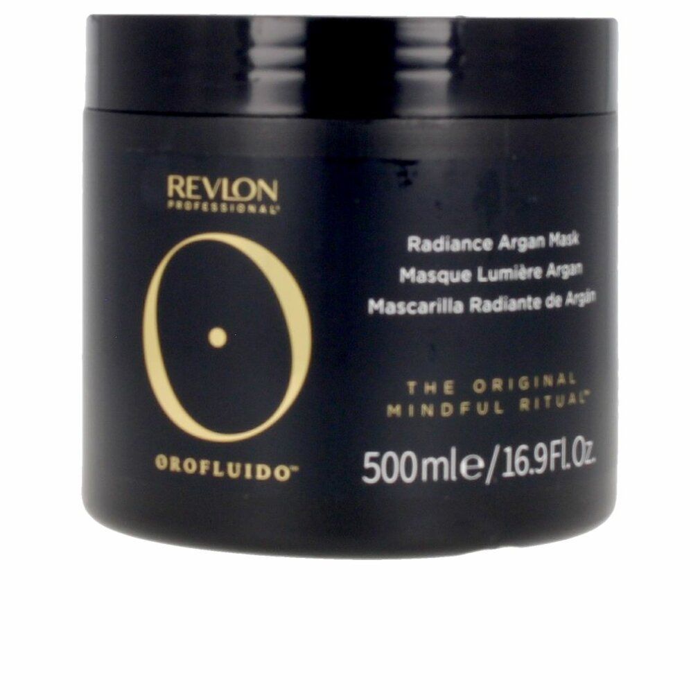 Vaso nero con logo e scritta dorati. Scritta: Revlon Professional, Orofluido, Radiance Argan Mask, 500ml.