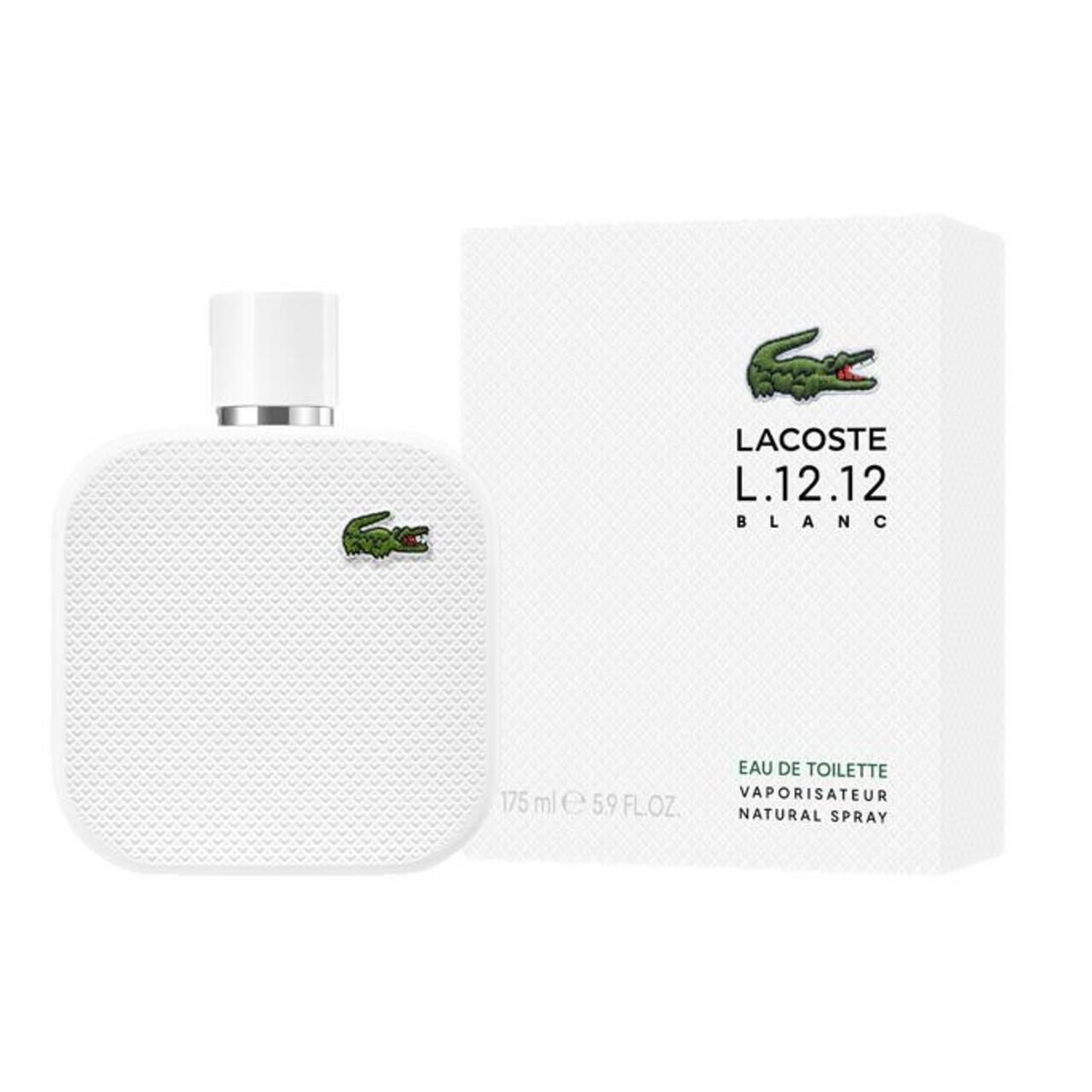 Flacone e confezione bianchi. Flacone con logo coccodrillo verde. Confezione con logo e testo: L.12.12 Blanc.