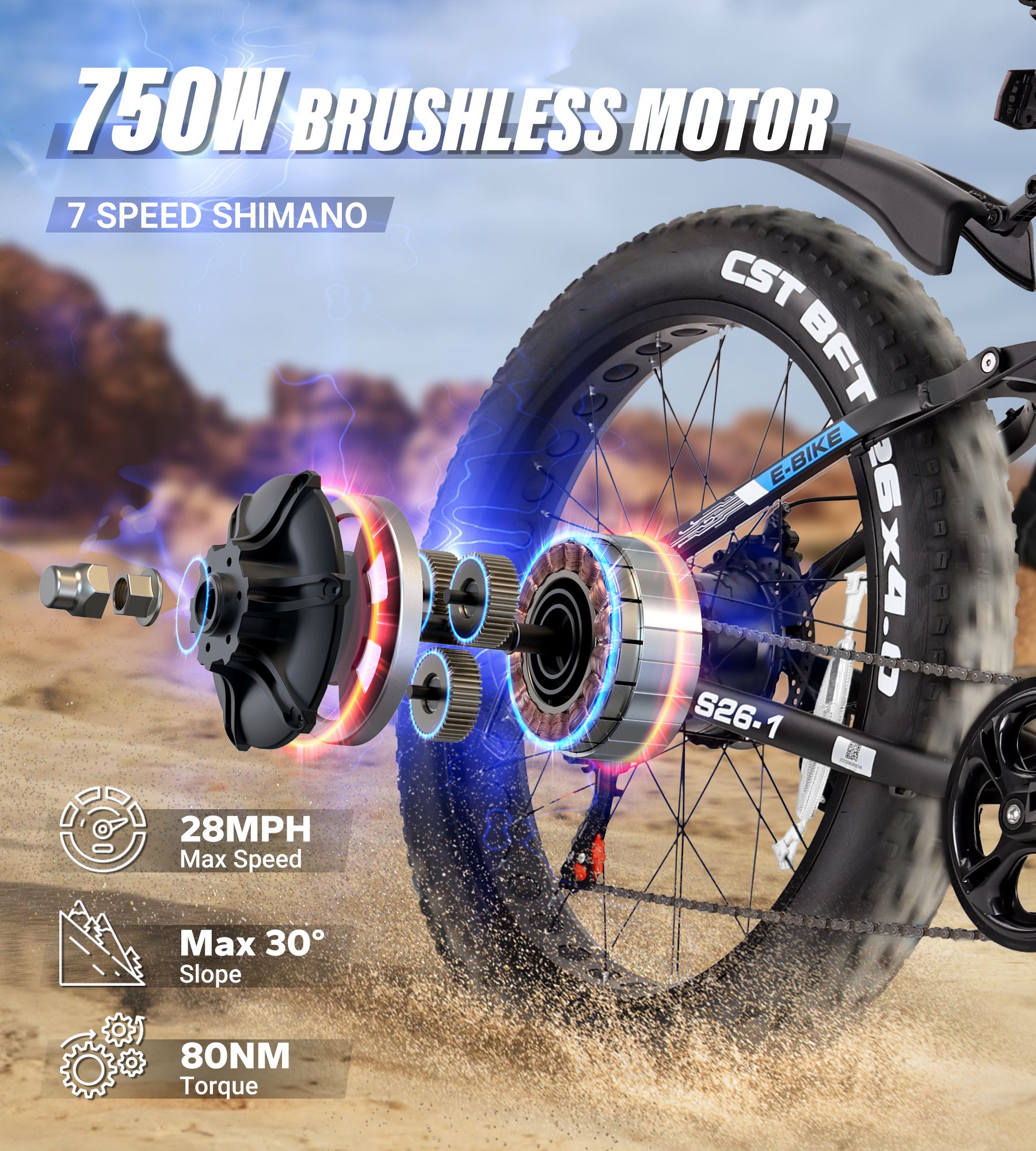 Motore e-bike brushless 750W. Shimano 7 velocità. 28MPH max. Pendenza 30°. Coppia 80NM.
