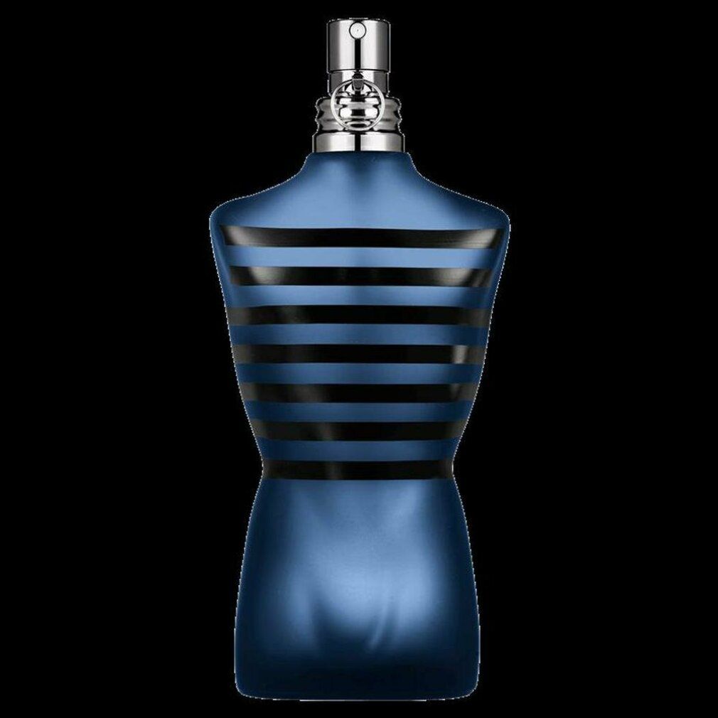 Flacone blu a forma di torso con strisce nere. Atomizzatore argentato.