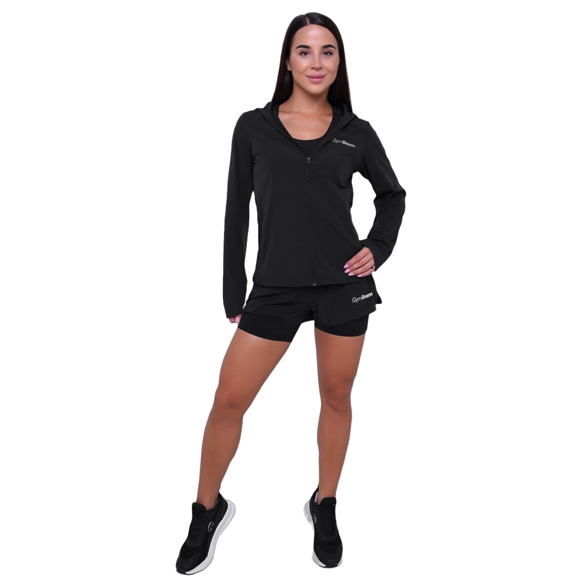 GymBeam Giacca Pulse Running donna slim con zip cappuccio Black