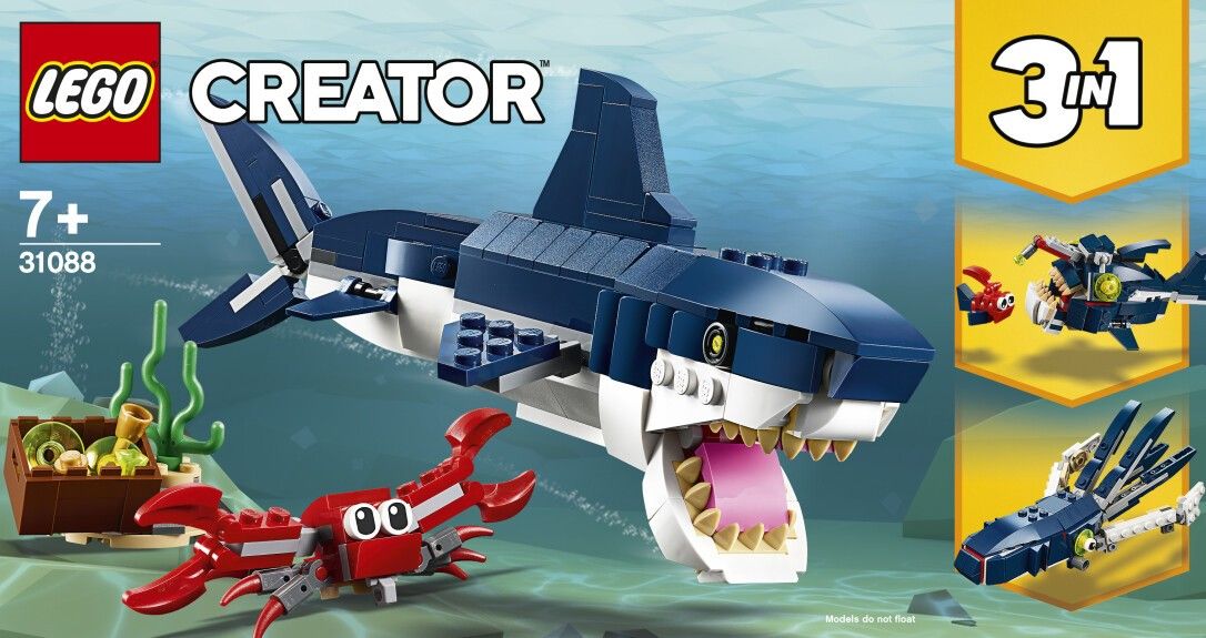 LEGO Creator 31088 Creature degli Abissi, Set 3 in 1 con Squalo Giocattolo e Animali Marini, Giochi