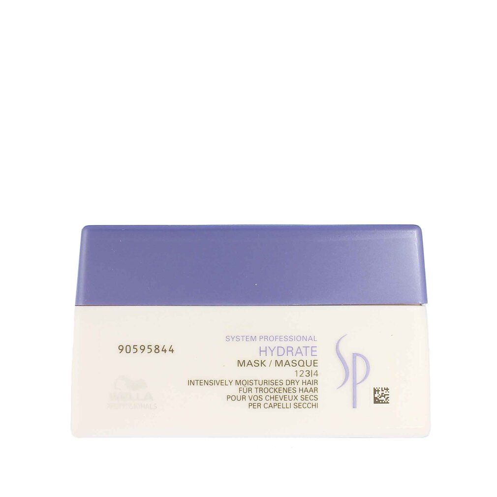 Contenitore bianco con coperchio blu. Testo: Hydrate Mask, System Professional, Wella.