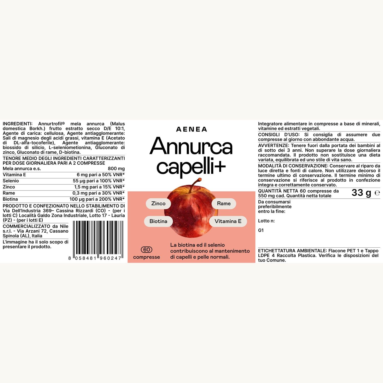 Flacone Aenea Annurca capelli+ con 60 compresse. Elenco ingredienti e informazioni nutrizionali. 33g.