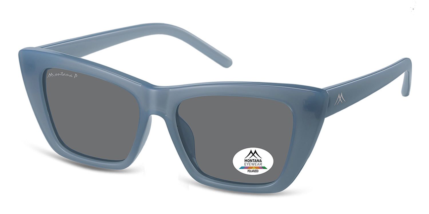 Occhiali da sole blu, vista obliqua. Logo Montana Eyewear sull'asta e sulla lente. Lenti polarizzate.