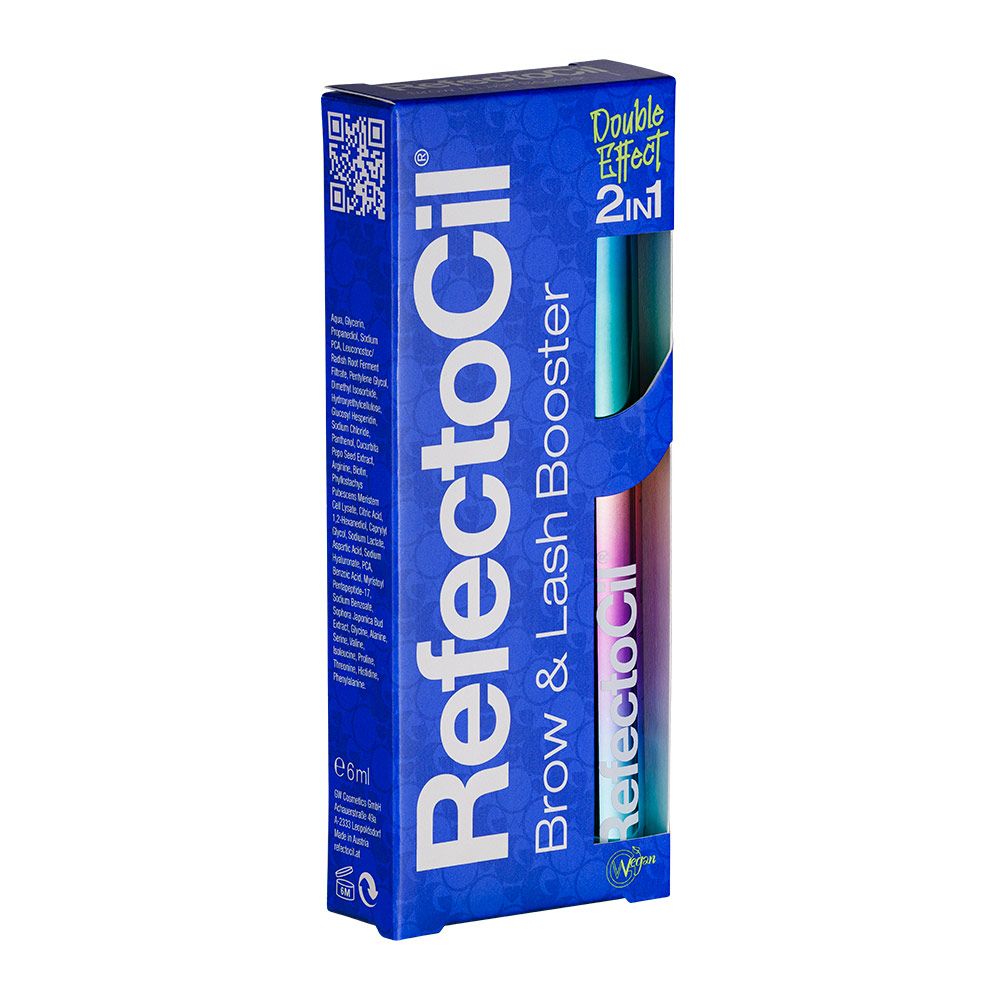 Confezione blu per Lash & Brow Booster. Testo: Refectocil Brow & Lash Booster. Codice QR.
