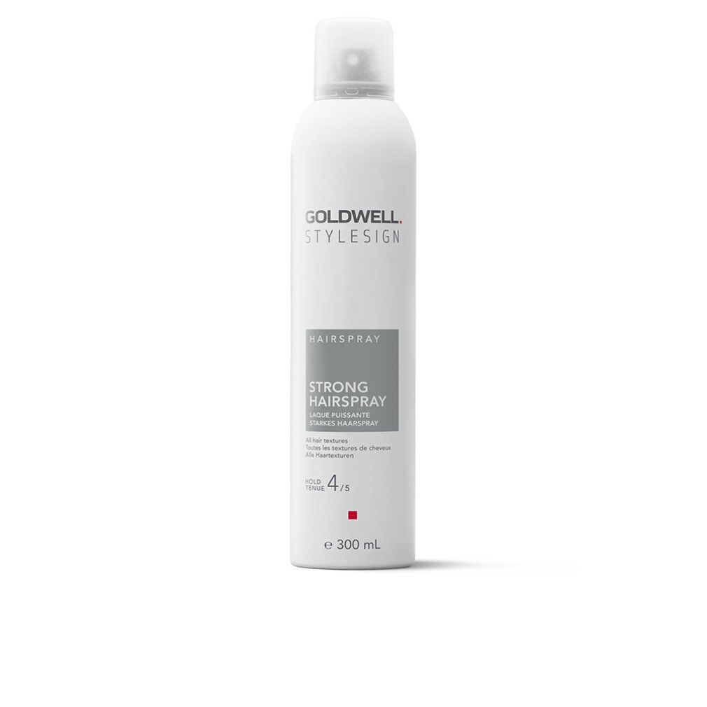 Flacone di lacca bianca con erogatore spray. Scritte: Goldwell Stylesign, Hairspray, Strong Hairspray. Volume: 300 ml.
