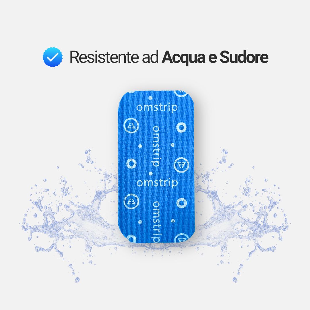 Cerotto Omstrip blu con testo e acqua. Testo: Resistente ad Acqua e Sudore.