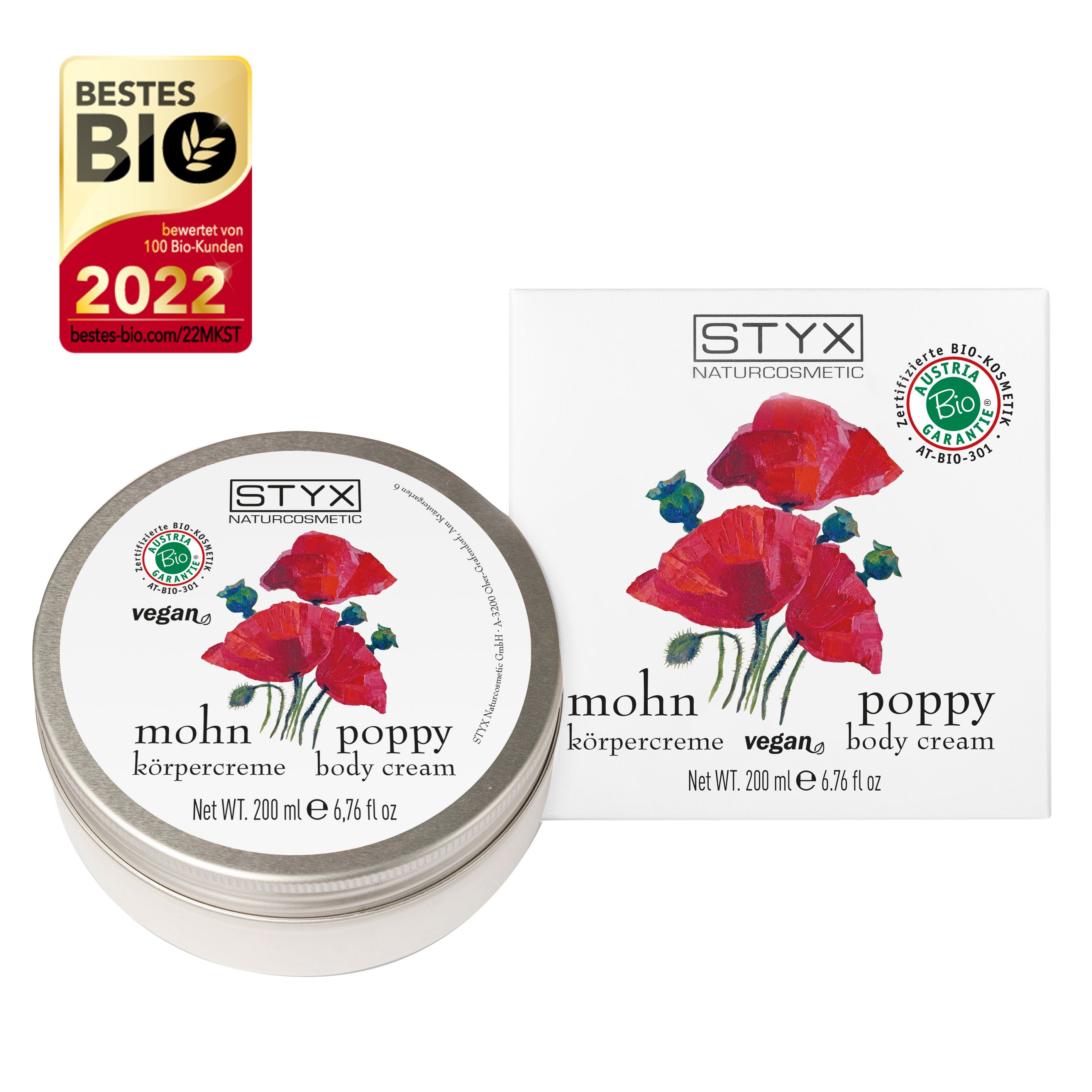 Barattolo e scatola con motivo papaveri. Scritta: STYX, crema corpo al papavero, vegana. Sigillo bio. Riconoscimento.