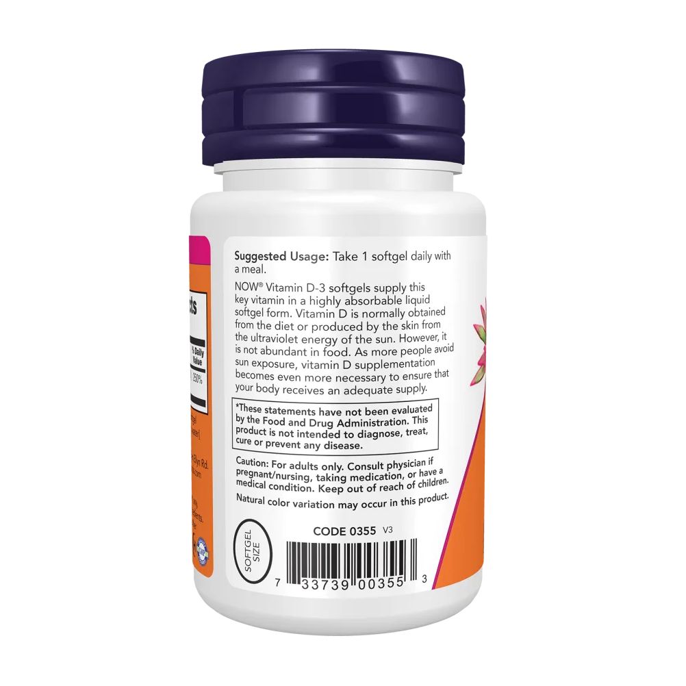 Retro del flacone. Etichetta arancione con testo: Suggested Usage. Contiene vitamina D-3. Marchio: NOW. Codice 0355.