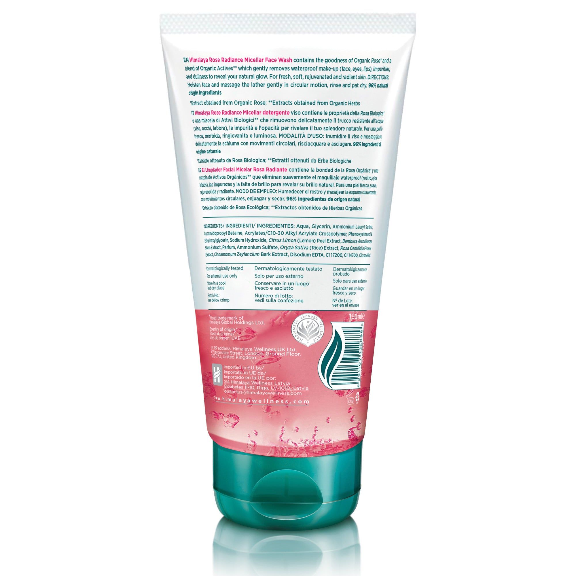 Tubo Himalaya Rose Radiance Micellar Face Wash con informazioni dettagliate sul prodotto e sugli ingredienti.