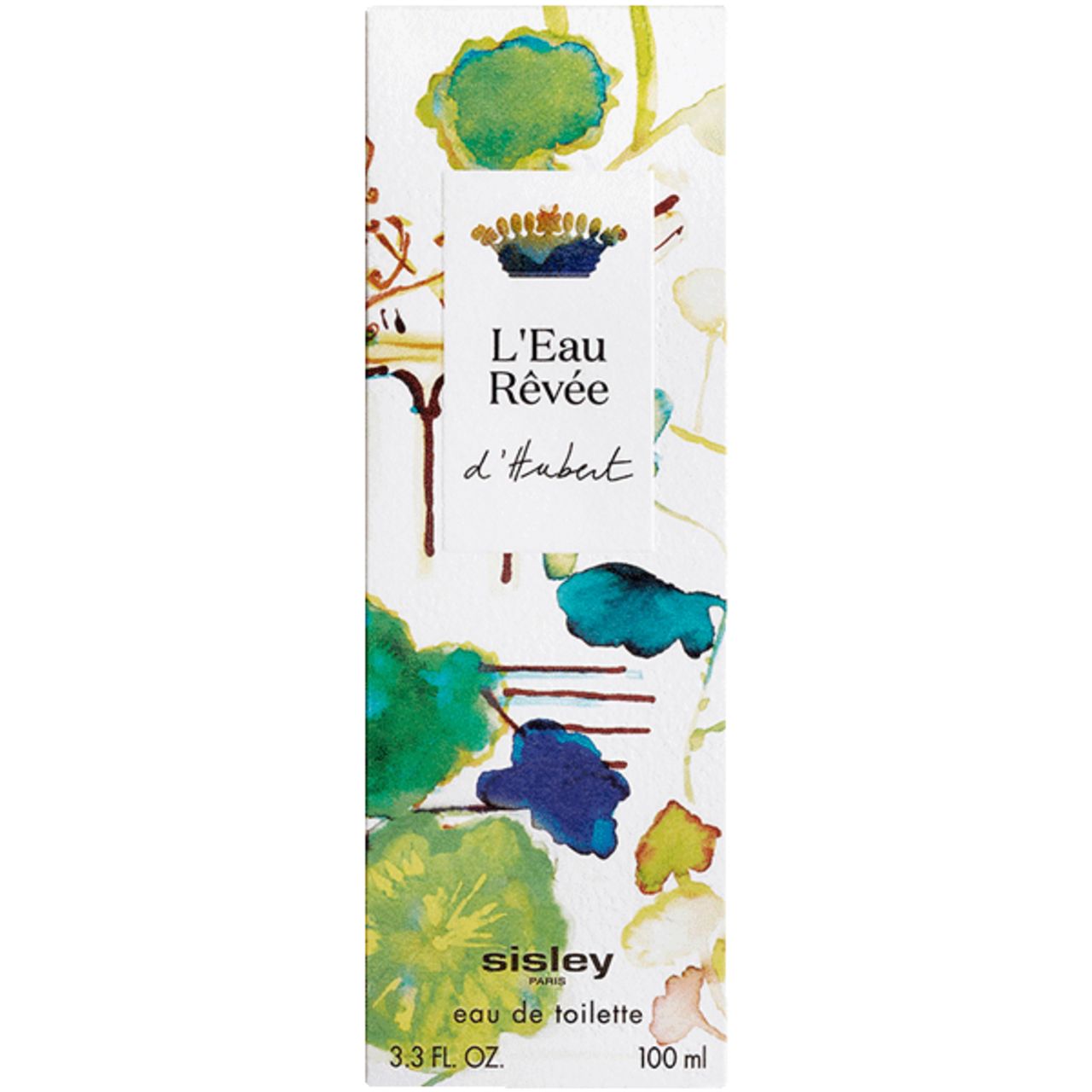Primo piano della confezione di Sisley Eau de Toilette. Sfondo bianco con motivo floreale. Visibili "L'Eau Rêvée d'Hubert" e "sisley eau de toilette".