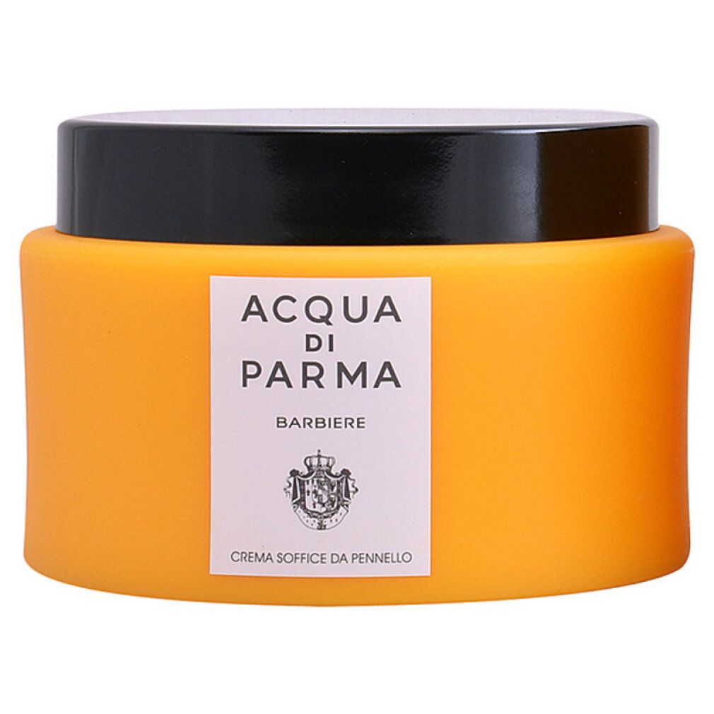 Barattolo giallo con coperchio nero. Etichetta "Acqua di Parma Barbiere" e stemma.