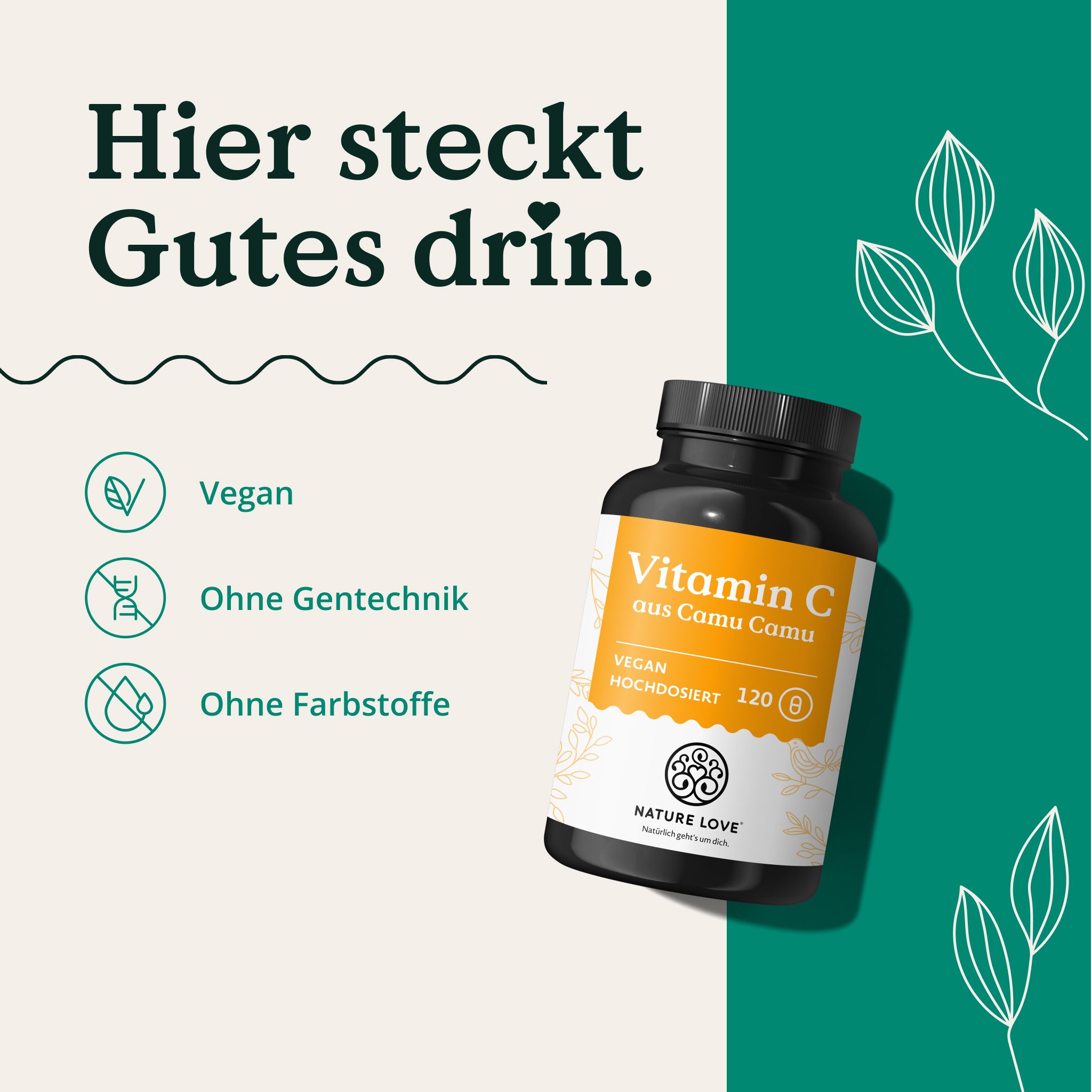 Flacone di Vitamina C da estratto di Camu Camu, accanto a icone per vegan, senza OGM e senza coloranti.
