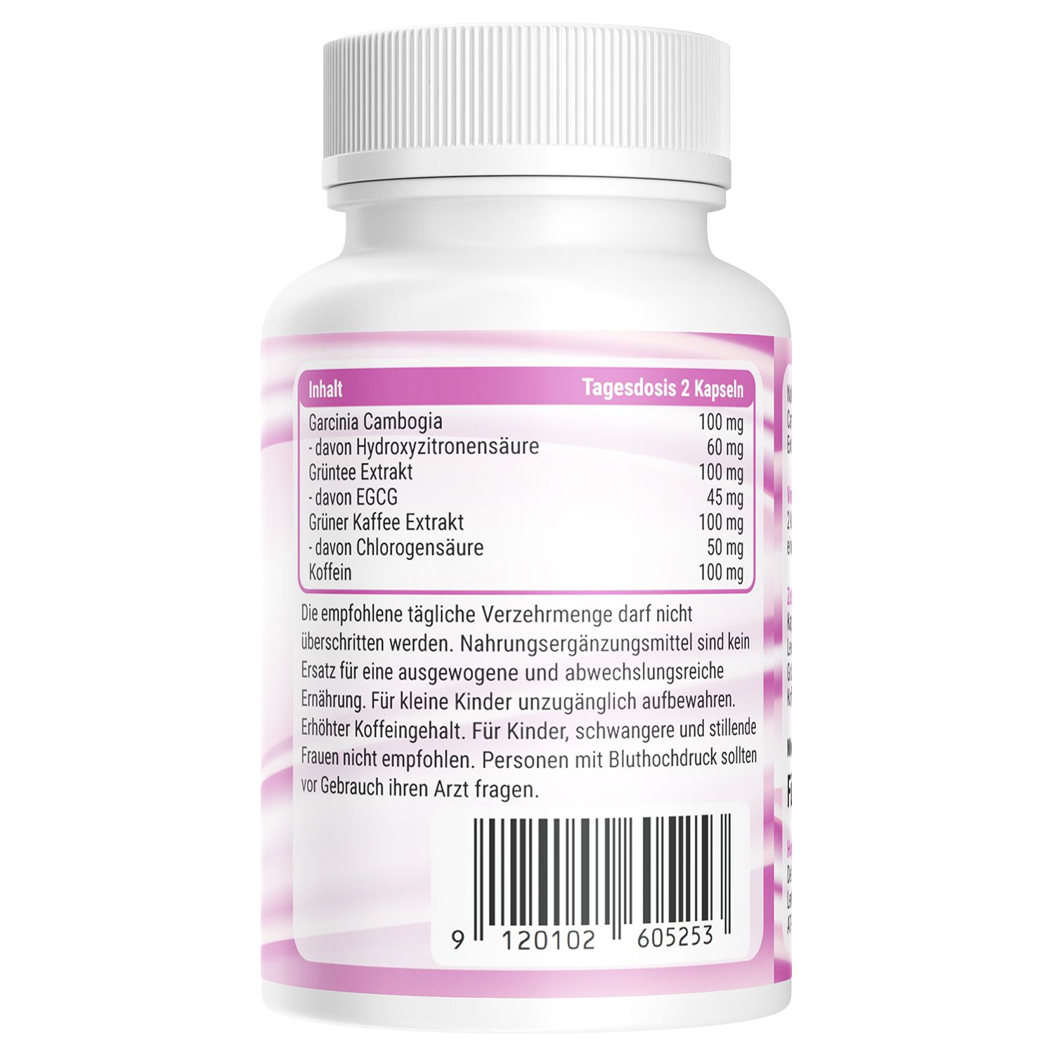 Retro di un flacone bianco. Testo: Ingredienti, dose giornaliera, quantità giornaliera raccomandata. Avvertenze. Codice a barre.