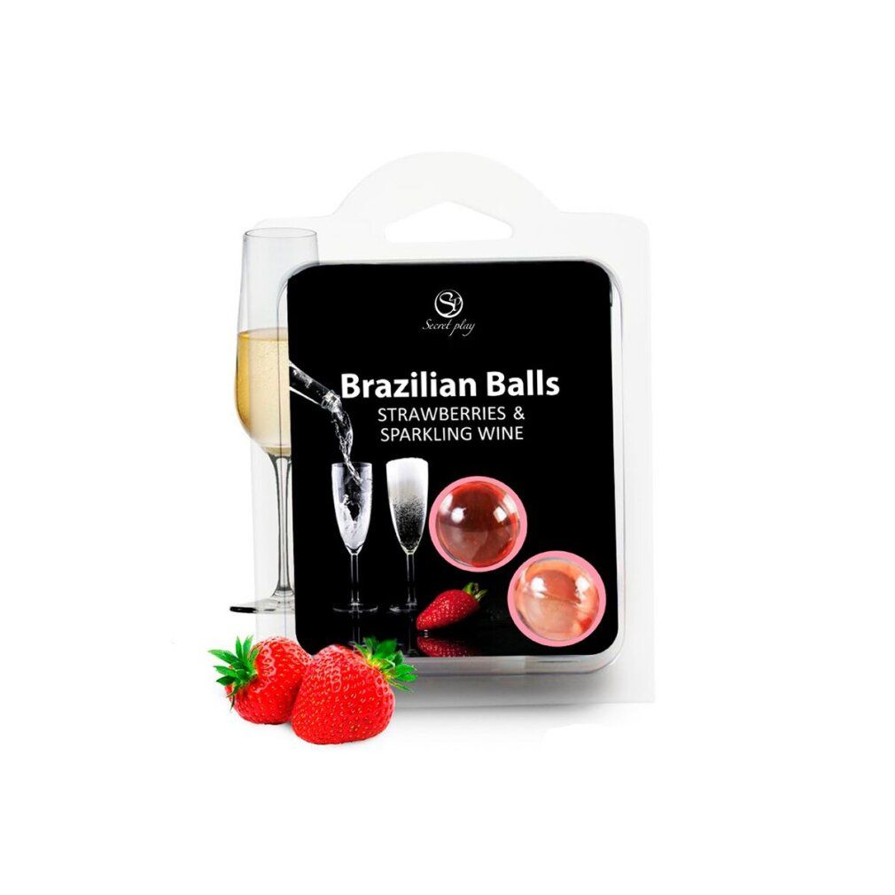 Confezione con due sfere trasparenti. Testo: Brazilian Balls, Strawberries & Sparkling Wine. Fragole e calici accanto. Marchio Secret Play.