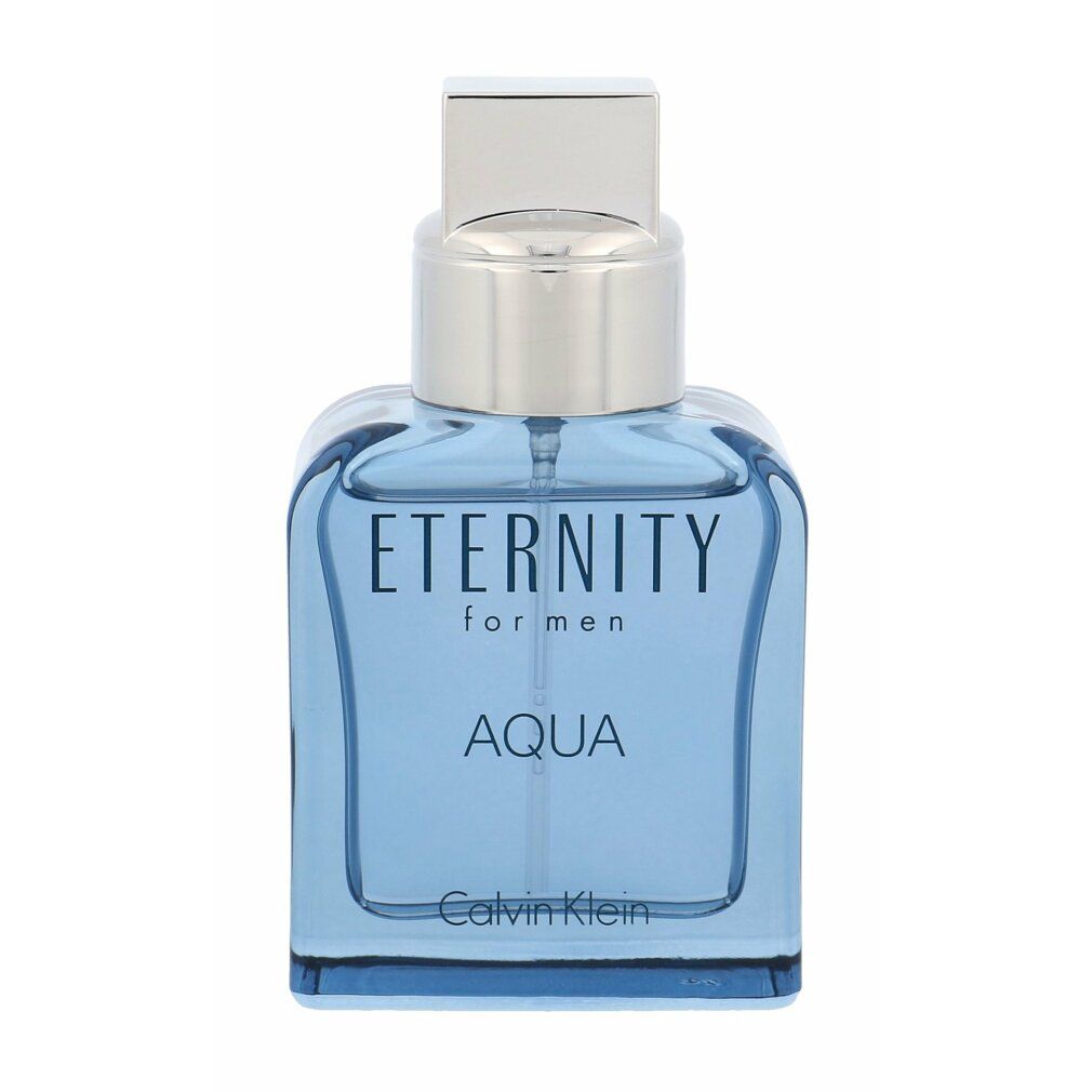 Spray Eau de Toilette azzurro. Scritta: ETERNITY for men AQUA, Calvin Klein.