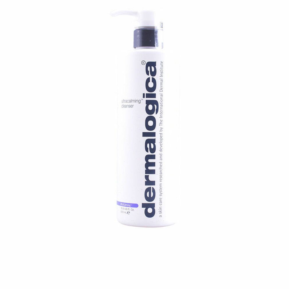 Flacone bianco con dosatore. Scritta: Dermalogica, UltraCalming Cleanser. Striscia viola in basso.