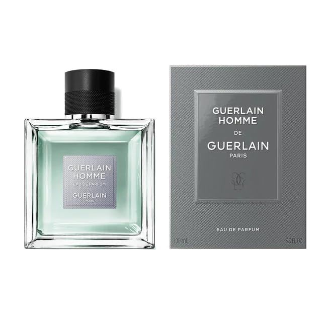 Flacone e confezione. Sulla confezione è scritto Guerlain Homme de Guerlain Eau de Parfum.