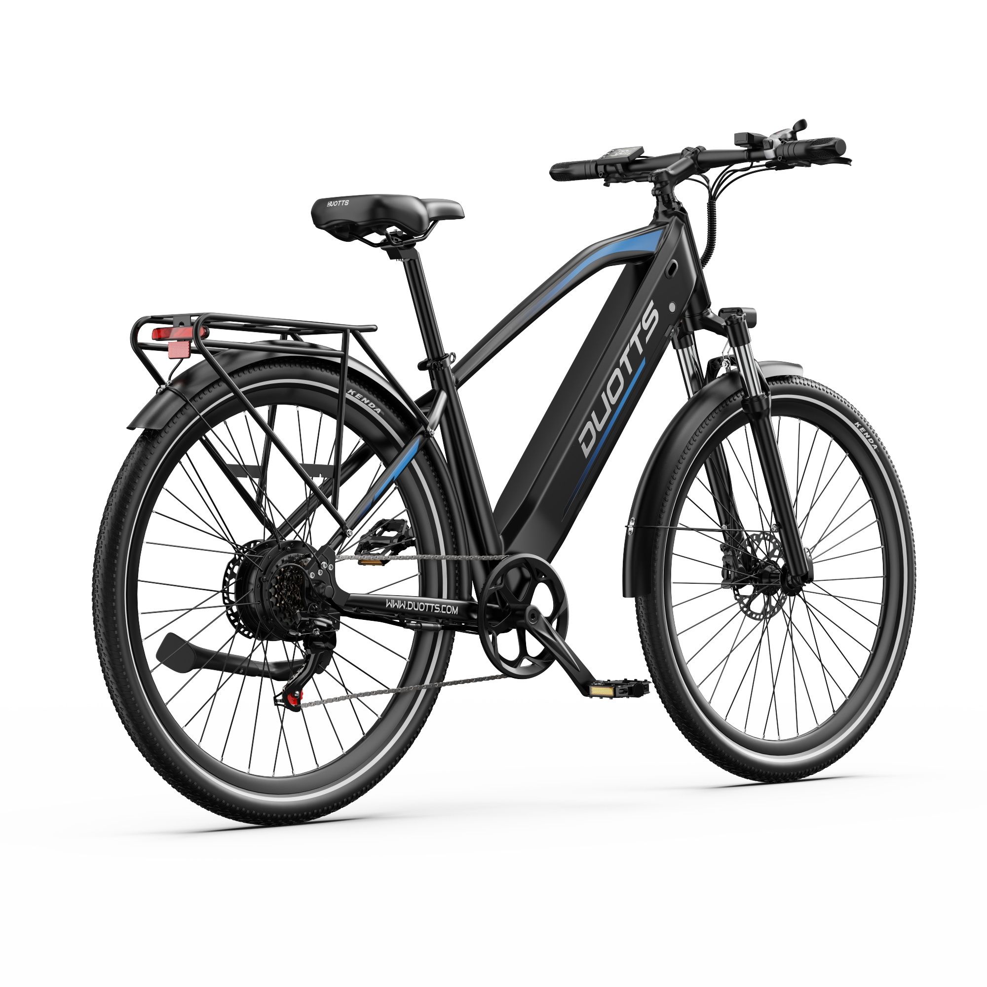 E-bike nera, vista posteriore. Logo DUOTTS. Portapacchi, parafanghi. Su sfondo bianco.