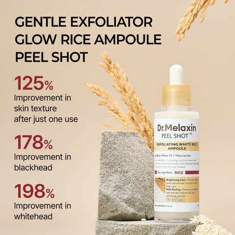 Dr.Melaxin Peel Shot Exfoliating White Rice Ampoule, circondata da chicchi e spighe di riso.