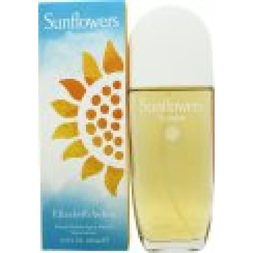 Flacone e scatola Elizabeth Arden Sunflower Sunrise. Flacone con tappo bianco, liquido giallo. Scatola con motivo girasole.