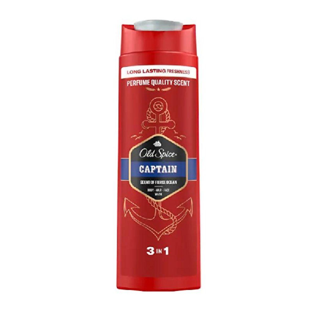 Flacone rosso "Old Spice Captain" 3-in-1. Gel doccia, shampoo e detergente viso per uomo.