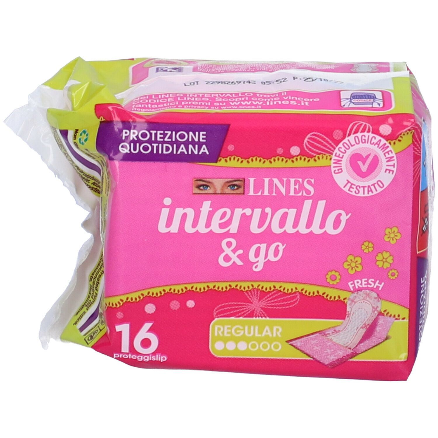 Confezione da 16 proteggislip Lines Intervallo & Go Fresh, Regular, con protezione quotidiana e sigillo testato ginecologicamente.