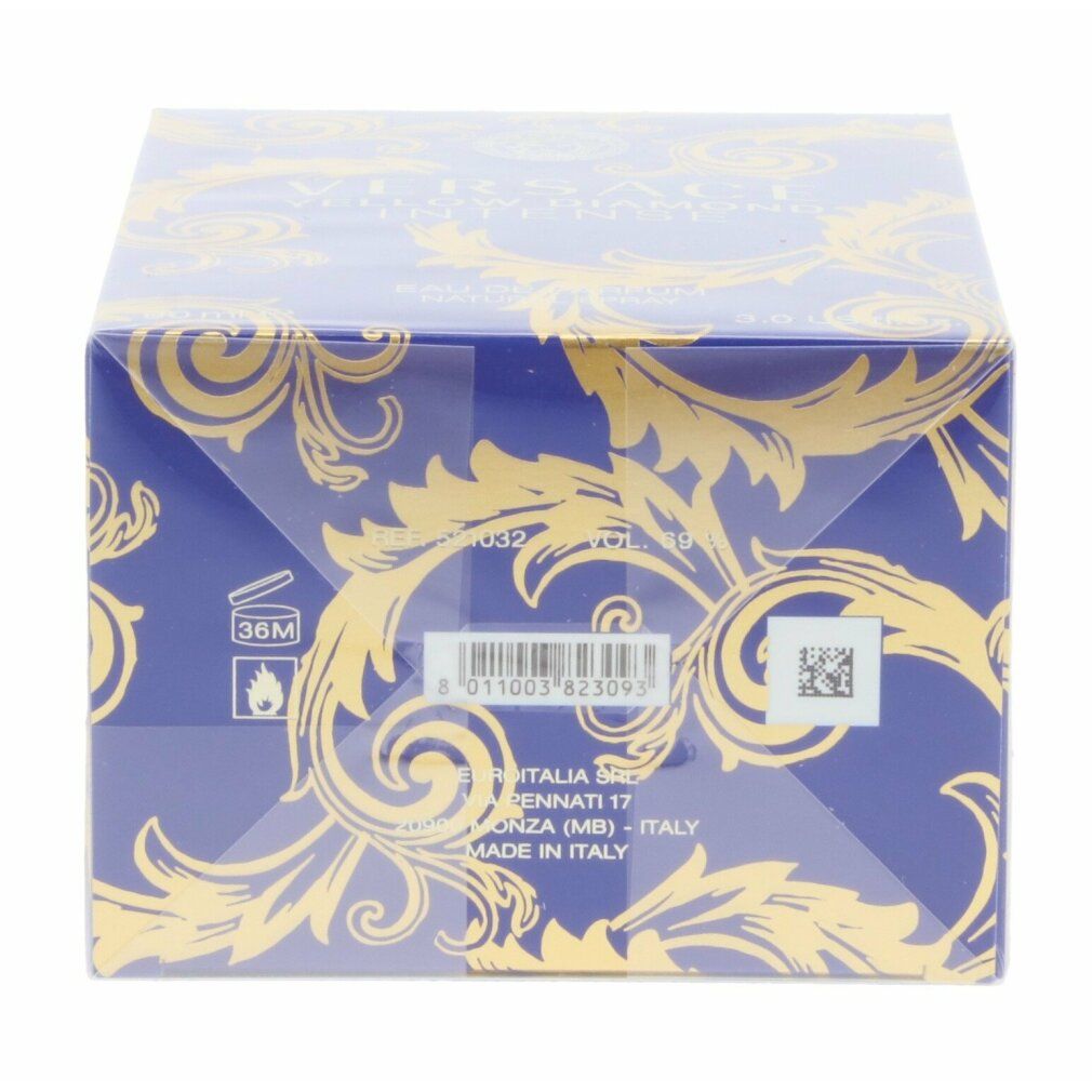 Parte superiore della confezione blu. Testo: VERSACE. Codice a barre. Prodotto in Italia.