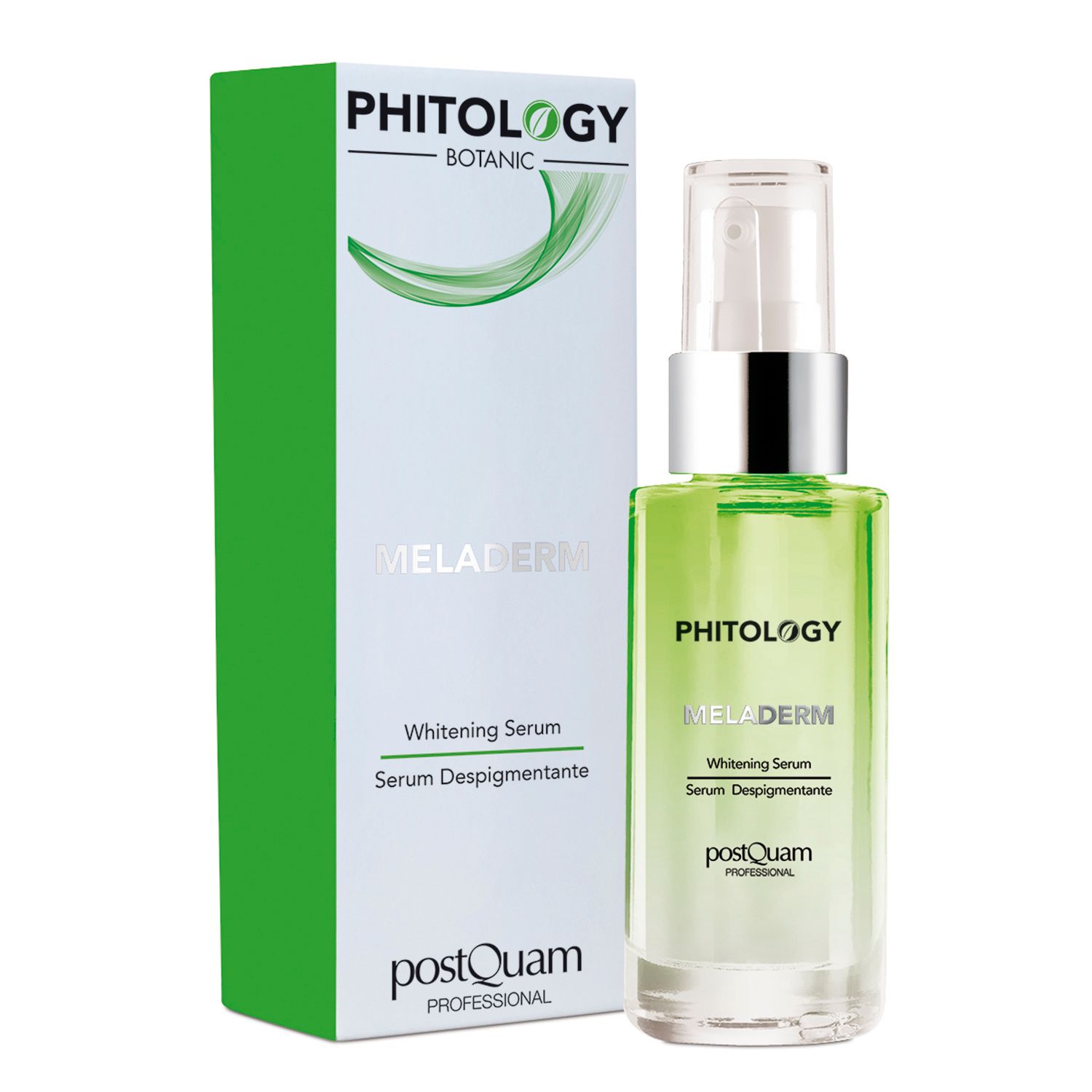 Flacone di siero e confezione. Scritte: PHITOLOGY, MELADERM, Whitening Serum, Serum Despigmentante. Marchio: PostQuam.