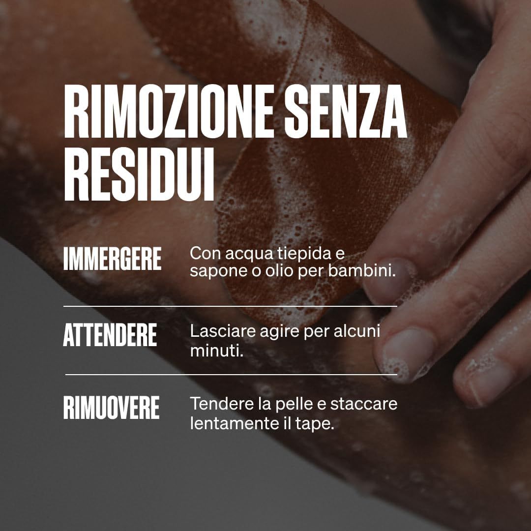 Rimozione del nastro kinesiologico con acqua e sapone, marrone, con testo 'Rimozione senza residui'.