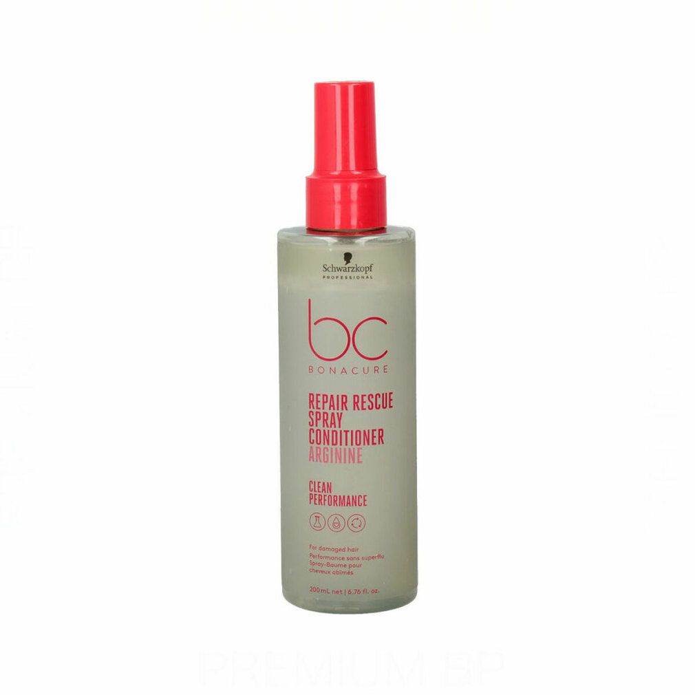 Flacone spray per capelli con erogatore rosso. Scritta: bc Bonacure Repair Rescue Spray Conditioner Arginine. Flacone trasparente.