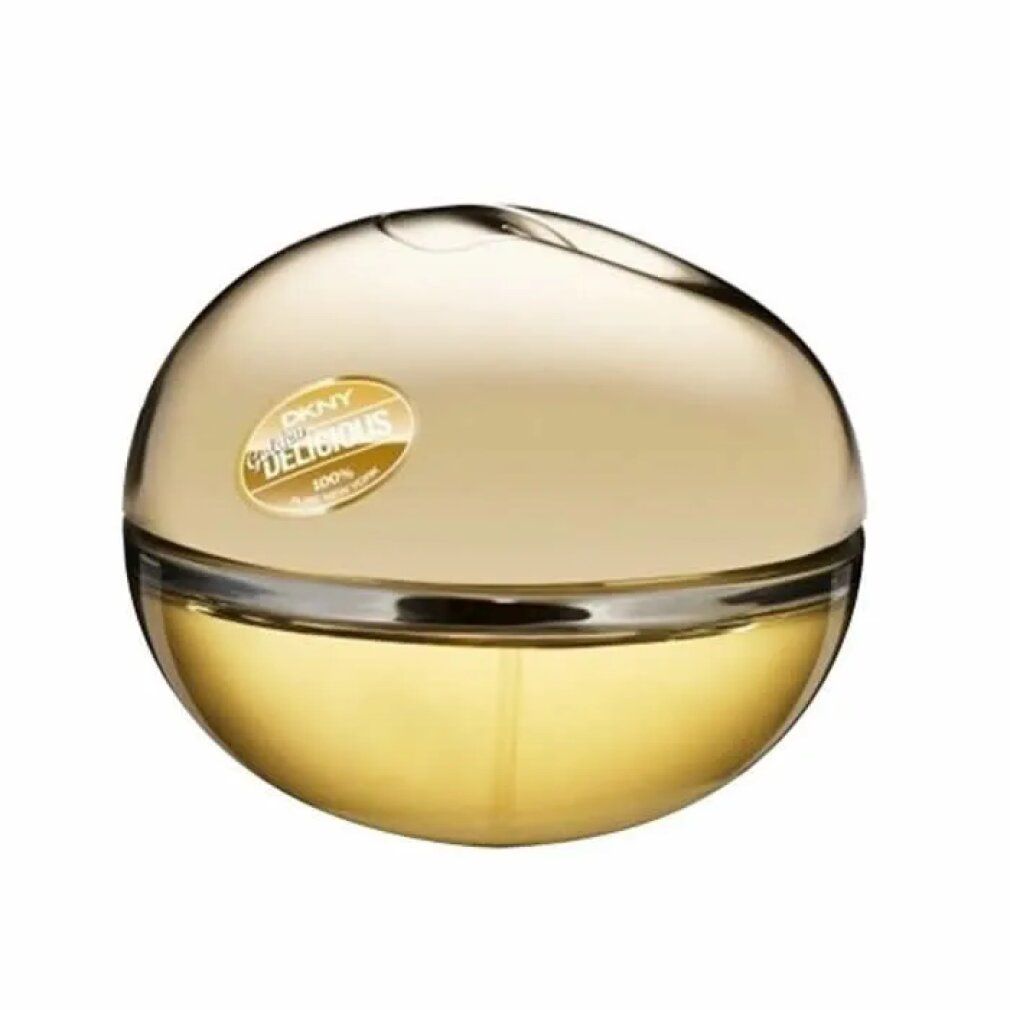 Flacone dorato, rotondo, con scritta DKNY Golden Delicious. Liquido visibile.