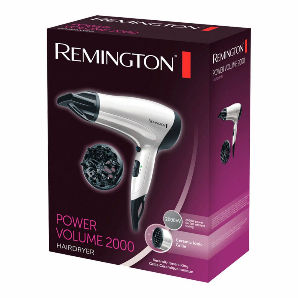 Confezione dell'asciugacapelli Remington Power Volume 2000. Asciugacapelli nero con diffusore. Nome e marchio.