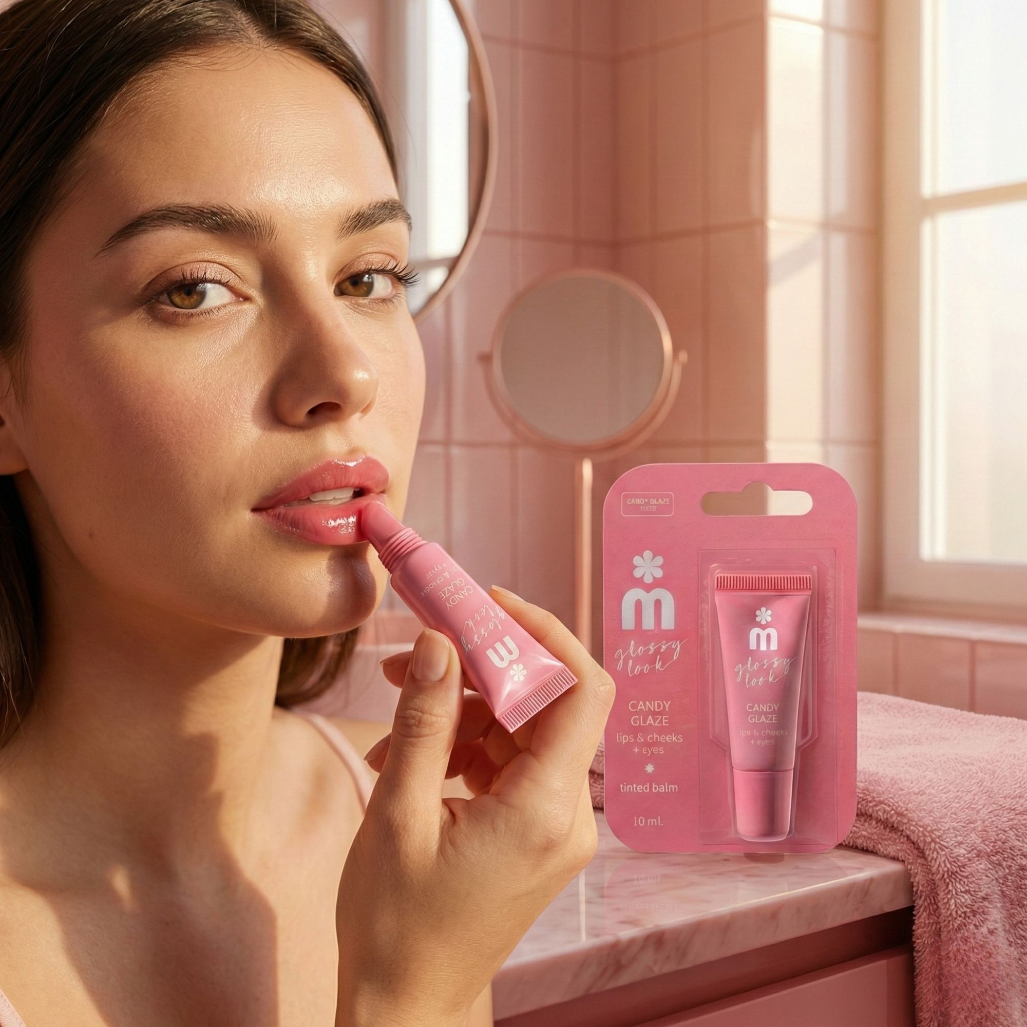 Donna che applica un balsamo per labbra rosa. Nome del prodotto: Candy Glaze, per labbra, guance e palpebre. Confezione sullo sfondo.